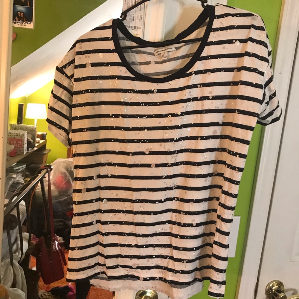Striped American Eagle Tee with Paint Splatter